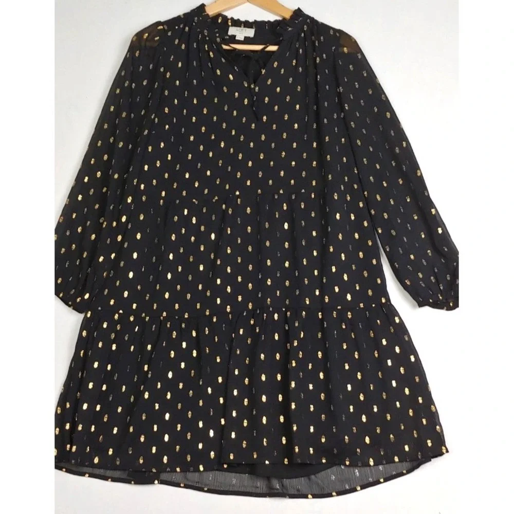 02 LOFT Outlet Petite Medium Petite Black Gold Metallic Dot Tiered Tunic‎ Blouse